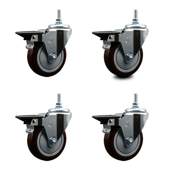 4 Inch Maroon Polyurethane 3/8 Inch Threaded Stem Caster Set with Brake