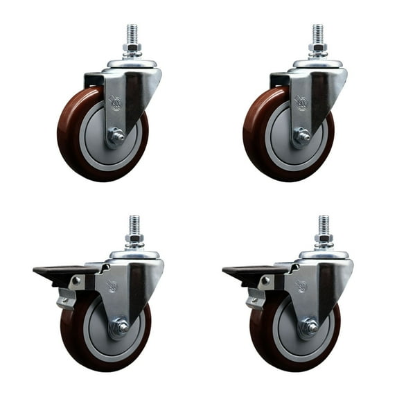 4 Inch Maroon Polyurethane ½ Inch Threaded Stem Caster Set 2 Brakes SCC