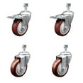 thumbnail image 1 of 4 Inch Maroon Polyurethane Swivel 12mm Stem Caster Set 2 Total Lock Brake, 1 of 2