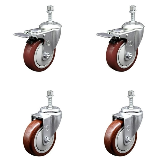 4 Inch Maroon Polyurethane Swivel 3/8 Inch Stem Caster Set 2 Total Lock Brake