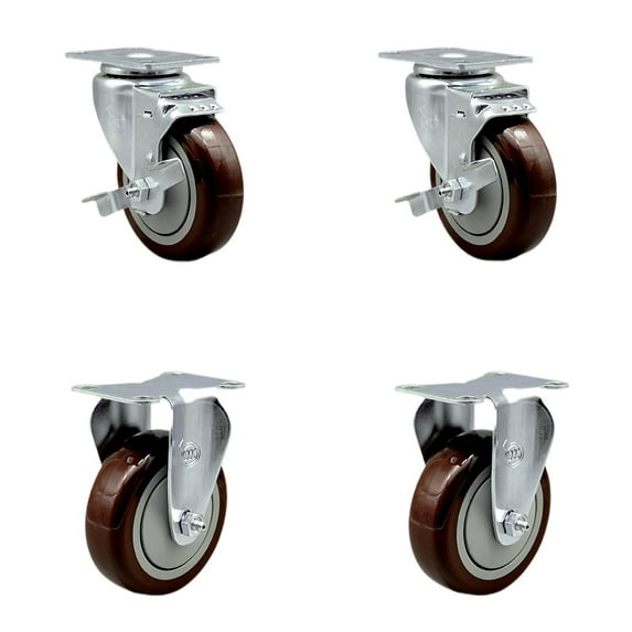 4 Inch Maroon Polyurethane Swivel Top Plate Caster Set with 2 Brakes 2 Rigid SCC