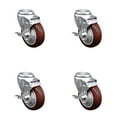thumbnail image 1 of 4 Inch Maroon Polyurethane Wheel Swivel Bolt Hole Caster Set with Brake SCC, 1 of 2