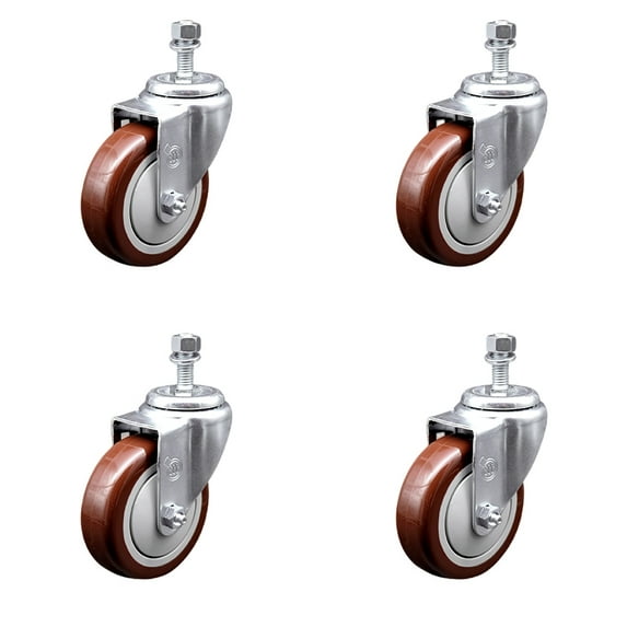 4 Inch Maroon Polyurethane Wheel Swivel ½ Inch Threaded Stem Caster Set SCC