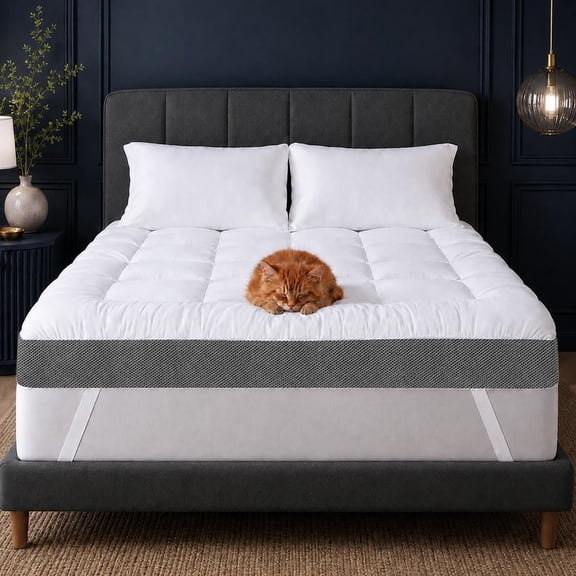4 Inch Mattress Topper , Thick Cooling Pillow Top with 2000 GSM Shredded Memory - Soft & Supportive for ,Non-Slip Bottom