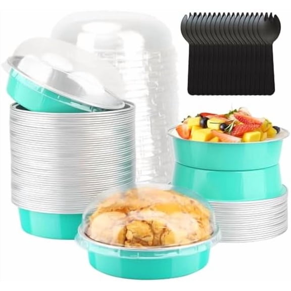 4 Inch Mini Cake Pans with Lids 50 Pack, Disposable Small Pie Tins Mini Tart Creme Brulee Ramekin Contaniers,8oz Aluminum Foil Baking Pans Jumbo Muffin Cups Holders-Cyan Blue