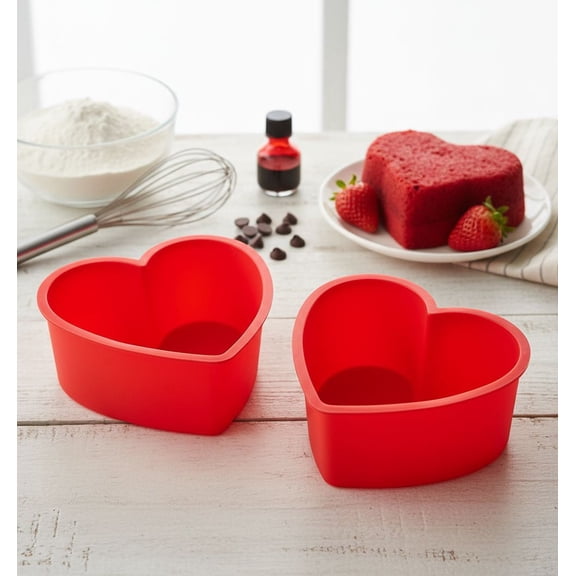 4-Inch Mini Heart-Shaped Cake Pan Non-Stick Silicone Heart-Shaped Cake Mold Baking Set (2-Piece Set) (Red)
