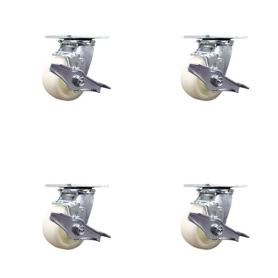 4 Inch Nylon Caster Set with Ball Bearings and Brake/Swivel Lock Service Caster