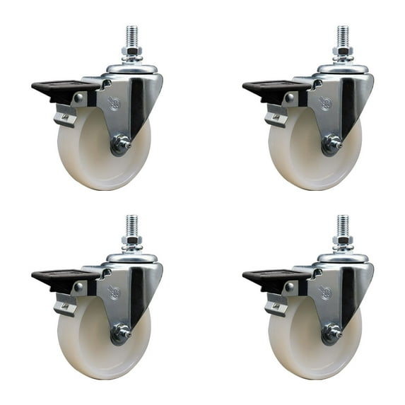 4 Inch Nylon ½ Inch Threaded Stem Caster Set with Brake