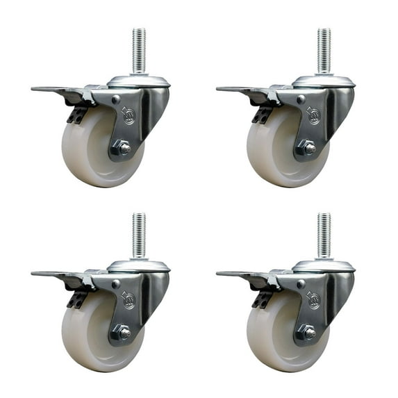 4 Inch Nylon Swivel 3/4 Inch Threaded Stem Caster Set with Total Lock Brake