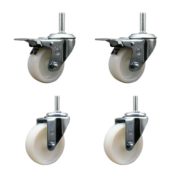 4 Inch Nylon Swivel 5/8 Inch Threaded Stem Caster Set 2 Total Lock Brakes