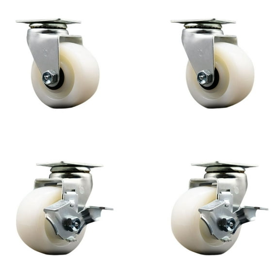 4 Inch Nylon Swivel Caster Set with Roller Bearings 2 Brakes SCC