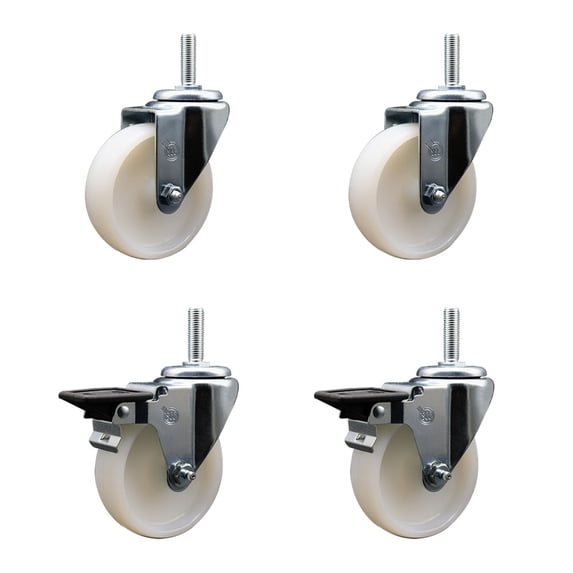 4 Inch Nylon Wheel Swivel 3/4 Inch Threaded Stem Caster Set 2 Brakes SCC
