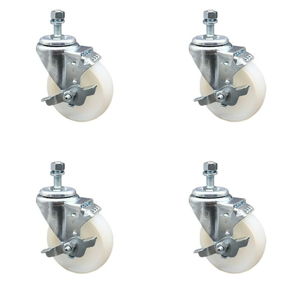 4 Inch Nylon Wheel Swivel 3/8 Inch Threaded Stem Caster Set with Brake SCC