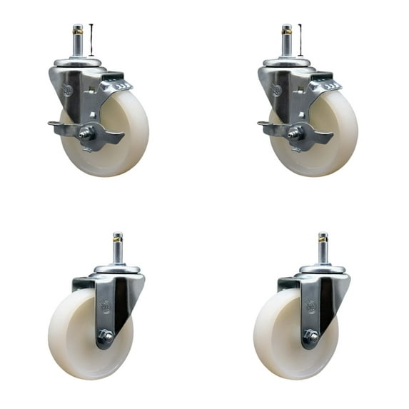 4 Inch Nylon Wheel Swivel 7/16 Inch Grip Ring Stem Caster Set 2 Brakes SCC