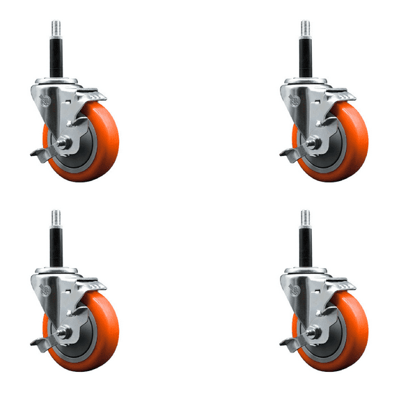4 Inch Orange Poly Swivel 3/4 Inch Expanding Stem Caster Set with Brake SCC