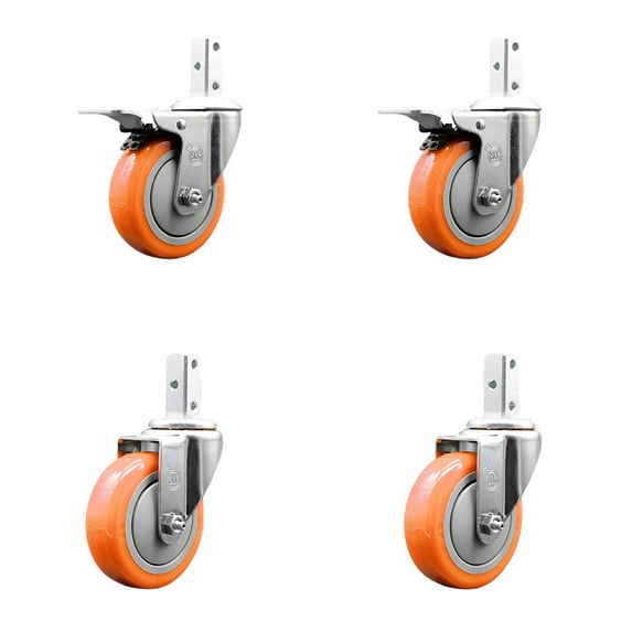 4 Inch Orange Poly Swivel 7/8 Inch Square Stem Caster Set 2 Total Lock Brakes