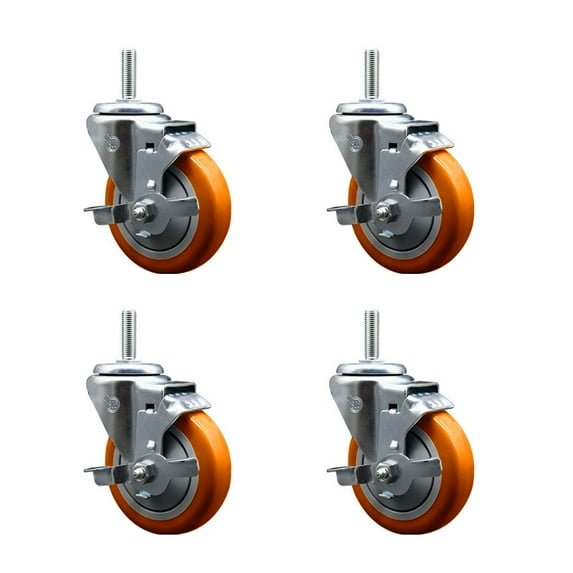 4 Inch Orange Poly Wheel Swivel 5/8 Inch Threaded Stem Caster Set with Brake