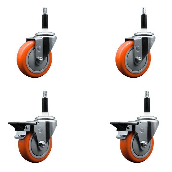 4 Inch Orange Poly Wheel Swivel 7/8 Inch Expanding Stem Caster Set 2 Brakes SCC