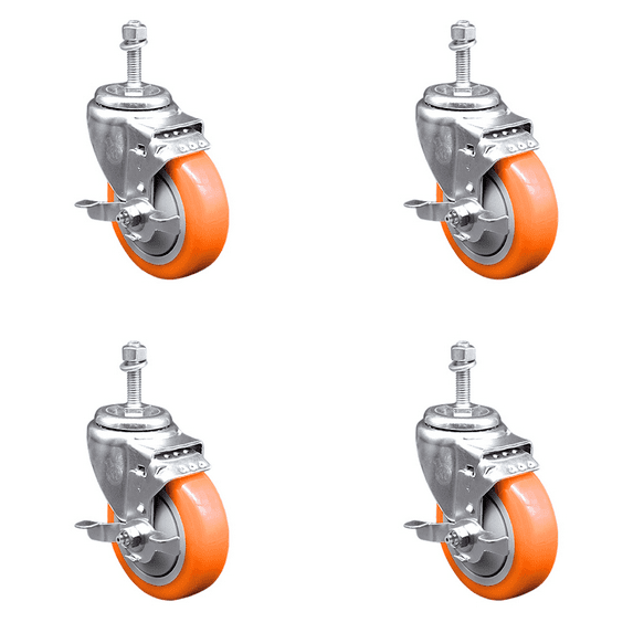 4 Inch Orange Polyurethane Swivel 10mm Threaded Stem Caster Set with Brake SCC
