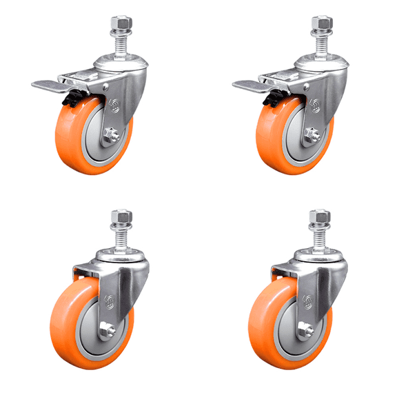 4 Inch Orange Polyurethane Swivel 12mm Stem Caster Set 2 Total Lock Brake SCC