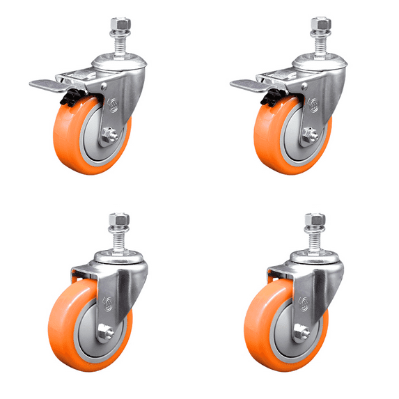 4 Inch Orange Polyurethane Wheel Swivel ½ Inch Stem Caster Set 2 Brake