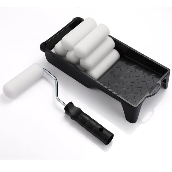 4 Inch Paint Roller Kit With Tray, 12 Piece Set Includes Handle And 10 Sponge Refills, Galvanized Steel Pan For Wall Painting