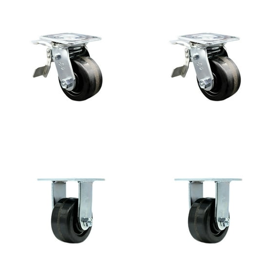 4 Inch Phenolic Caster Set with Ball Bearings 2 Brakes 2 Rigid Service Caster