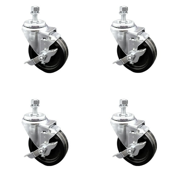 4 Inch Phenolic Wheel Swivel 3/8 Inch Threaded Stem Caster Set with Brake SCC