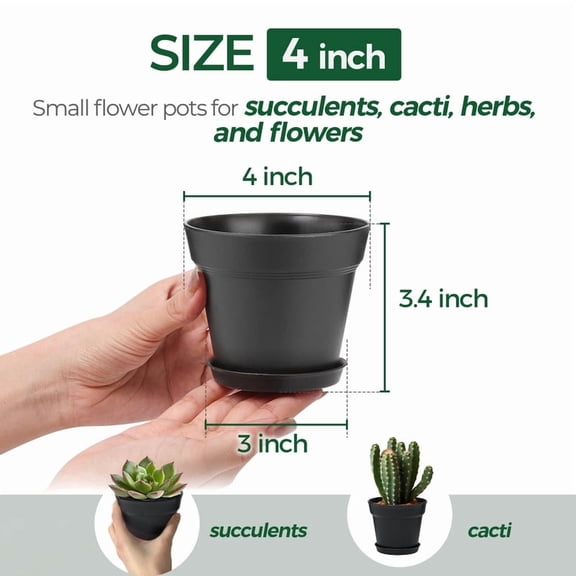 4 Inch Plant Pots with Drainage Hole & Saucer, 8-Pack Black Decorative Indoor Pots for Herbs, Succulents, Snake Plant, African Violet | Nursery Pots by T4U