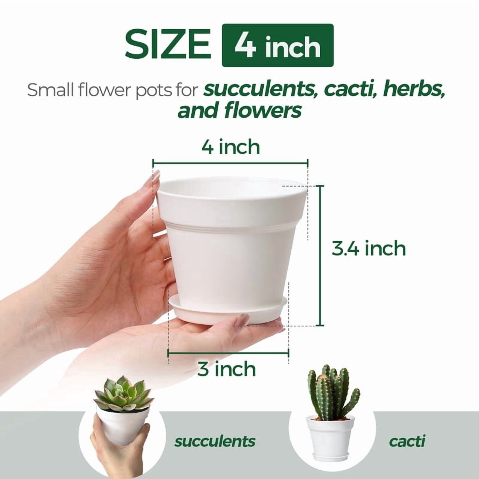 T4U, 4 Inch Plant Pots, 8-Pack, White with Drainage Hole and Saucer ...
