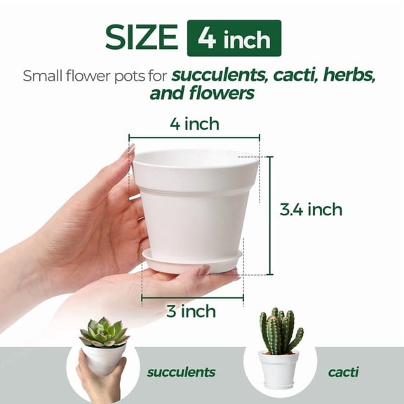 4 Inch Plant Pots with Drainage Hole & Saucer, 8-Pack White Decorative Flower Pots for Succulents, Herbs, Snake Plant, African Violet | Indoor Nursery Pots by T4U