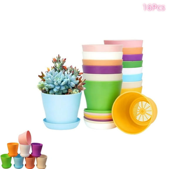 4 Inch Plastic Plant Pots, 16Pcs Thickened Seedlings Nursery Flower Pots with Tray, Assorted Small Flower Pots with Drainage Hole and Saucers ,Plastic Gardening Plant Containers