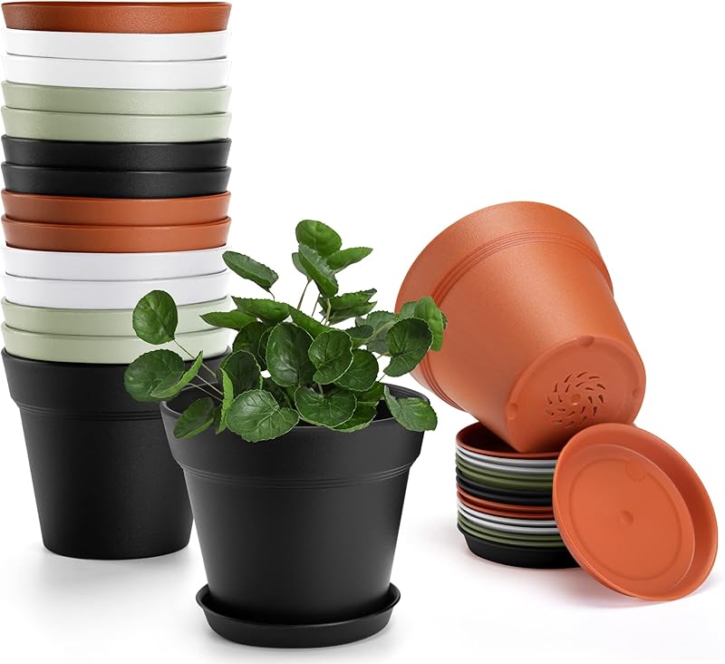 4 Inch Plastic Plant Pots 6 Pack, Small Flower Pots with Drainage Holes ...