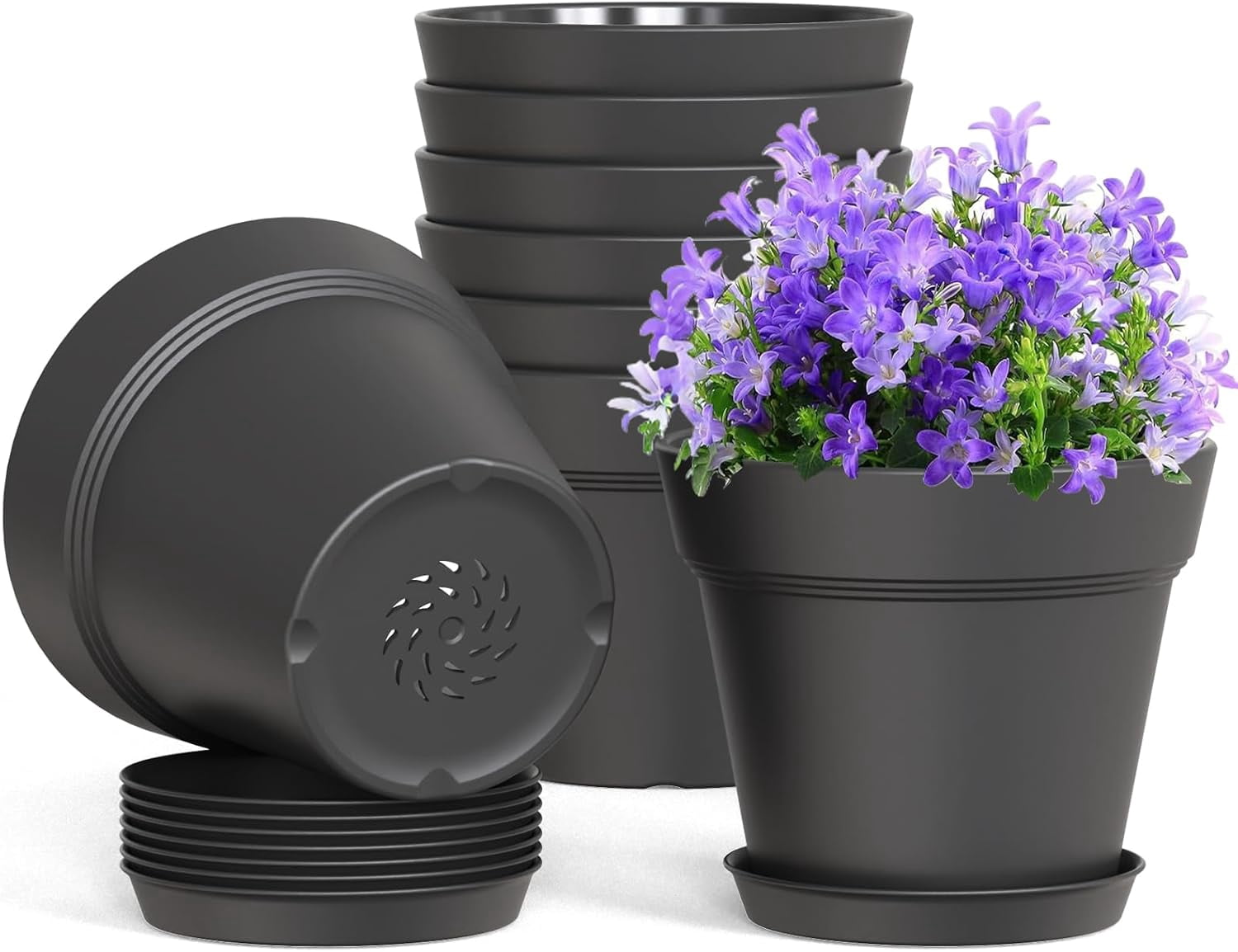4 Inch Plastic Plant Pots with Drainage Holes and Trays – 8 Pack Small ...