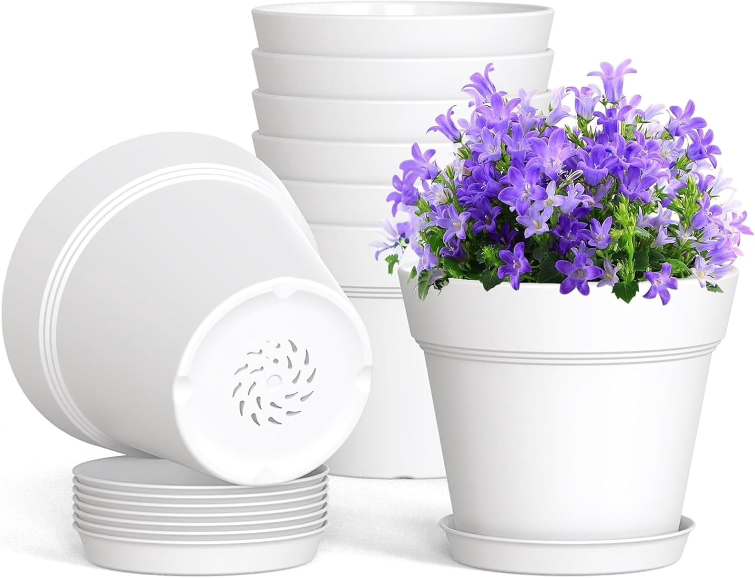 4 Inch Plastic Plant Pots with Drainage Holes and Trays – 8 Pack Small ...