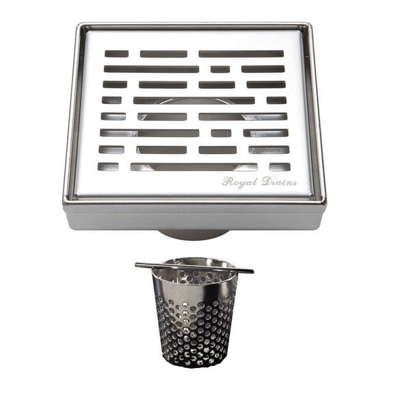 4 Inch Polished Chrome Square Shower Drain with Hair Trap Set (4 Designs)