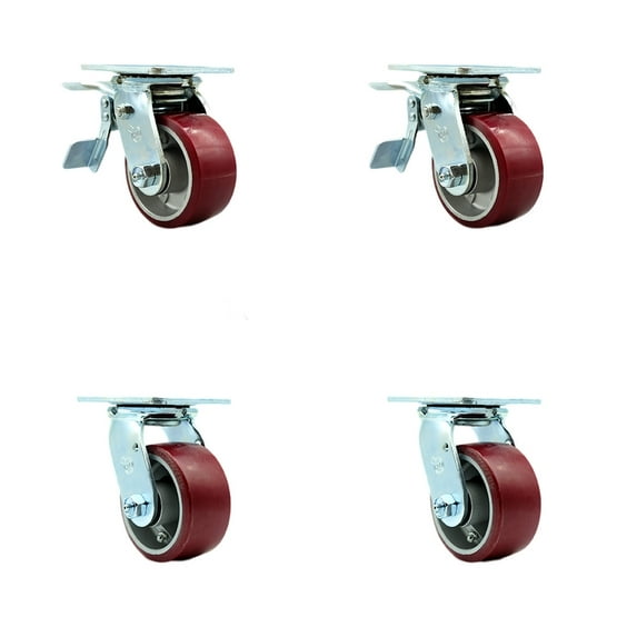 4 Inch Poly on Aluminum Caster Set with Ball Bearings 2 Brakes 2 Swivel Lock SCC
