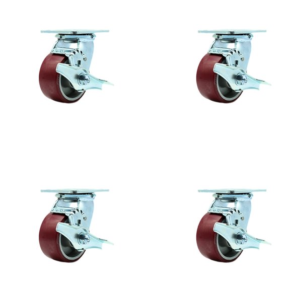 4 Inch Poly on Aluminum Caster Set with Ball Bearings and Brake/Swivel Lock SCC
