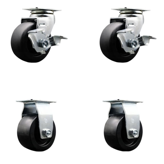 4 Inch Polyolefin Caster Set with Roller Bearings 2 Brakes 2 Rigid SCC