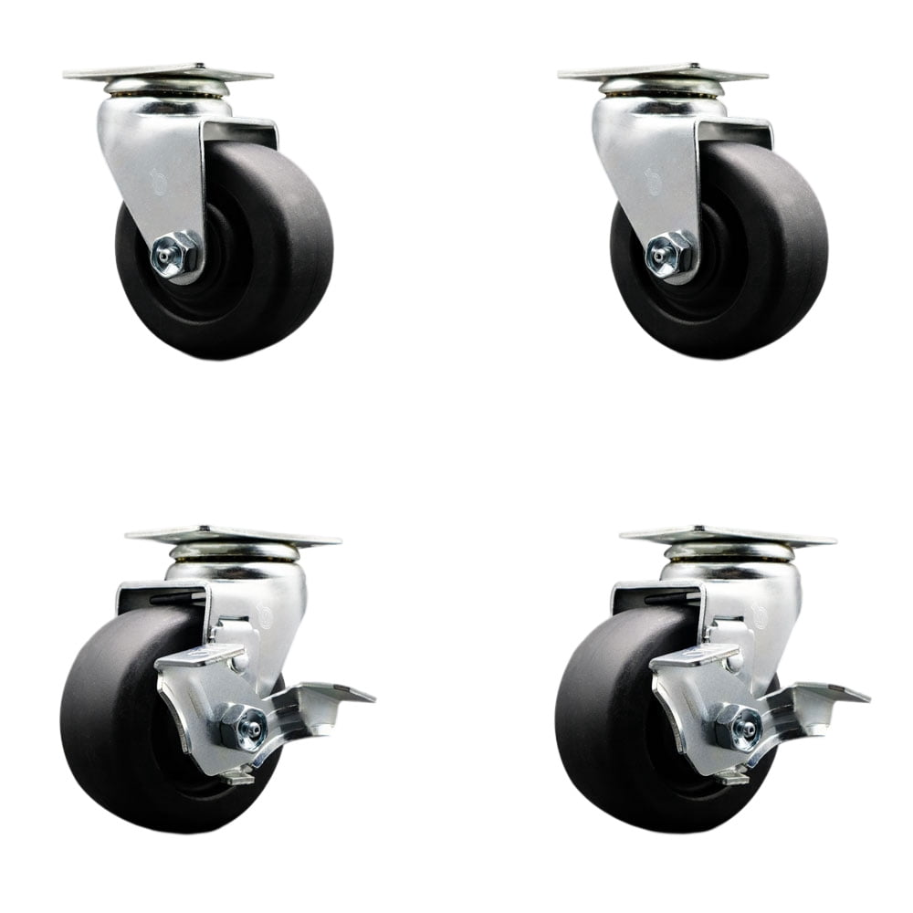4 Inch Polyolefin Swivel Caster Set with Roller Bearings 2 Brakes SCC ...