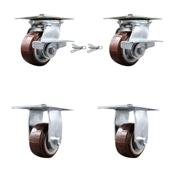 4 Inch Polyurethane Caster Set 2 Brakes/Swivel Locks and 2 Rigid Service Caster