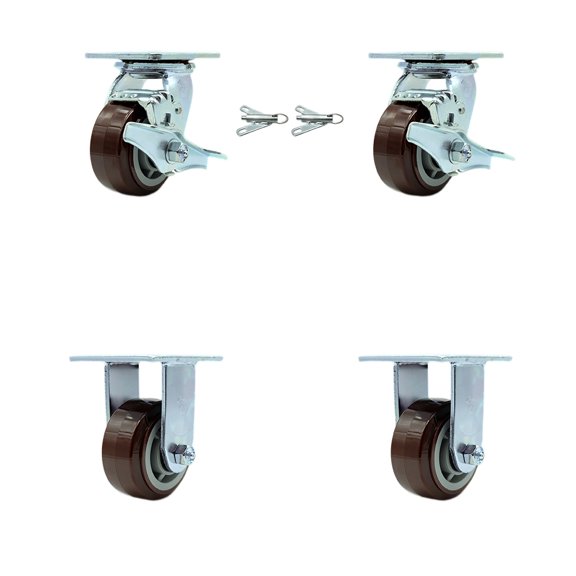 4 Inch Polyurethane Caster Set with 2 Brakes/Swivel Lock 2 Rigid Service Caster