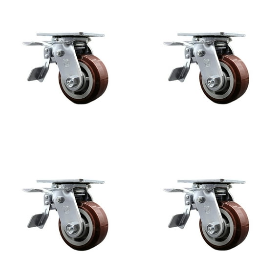4 Inch Polyurethane Caster Set with Ball Bearings and Total Lock Brakes SCC