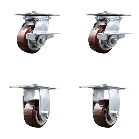 4 Inch Polyurethane Caster Set with Roller Bearing 2 Brakes and 2 Rigid SCC