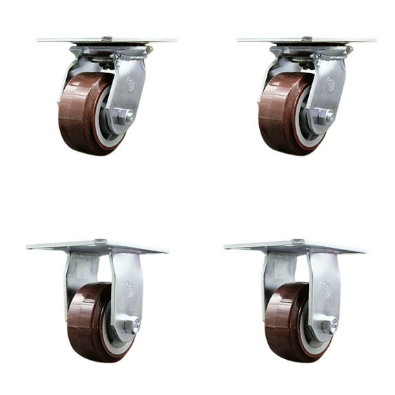 4 Inch Polyurethane Caster Set with Roller Bearings 2 Swivel 2 Rigid SCC