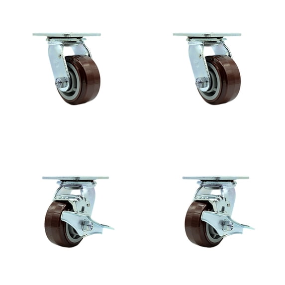 4 Inch Polyurethane Swivel Caster Set with Ball Bearings 2 Brakes Service Caster