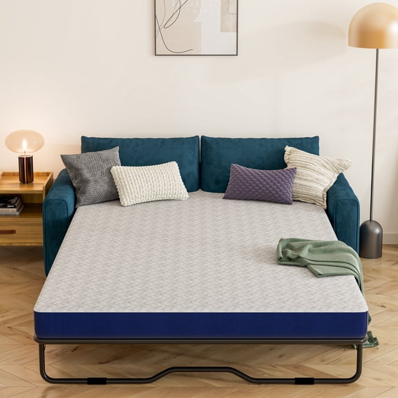 4 Inch Queen Size Pull-out Sofa Replacement Gel Memory Foam Mattress, CertiPUR-US Certified, with Removable Washable Cover, for Couch Beds Guest Rooms, Sofas, RVs & Boats,Blue(Sofa Not Included)