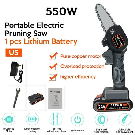 4-Inch Rechargeable Cordless Chain SawsPortable 24V Electric Pruning Shears Chainsaw for Courtyard Tree Branch Wood Cutting