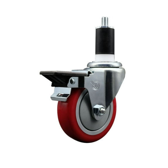 4 Inch Red Poly Swivel 1-1/2 Inch Expanding Stem Caster with Brake SCC