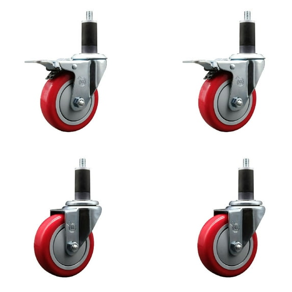 4 Inch Red Poly Swivel 1-1/4 Inch Expanding Stem Caster Set 2 Total Lock Brakes